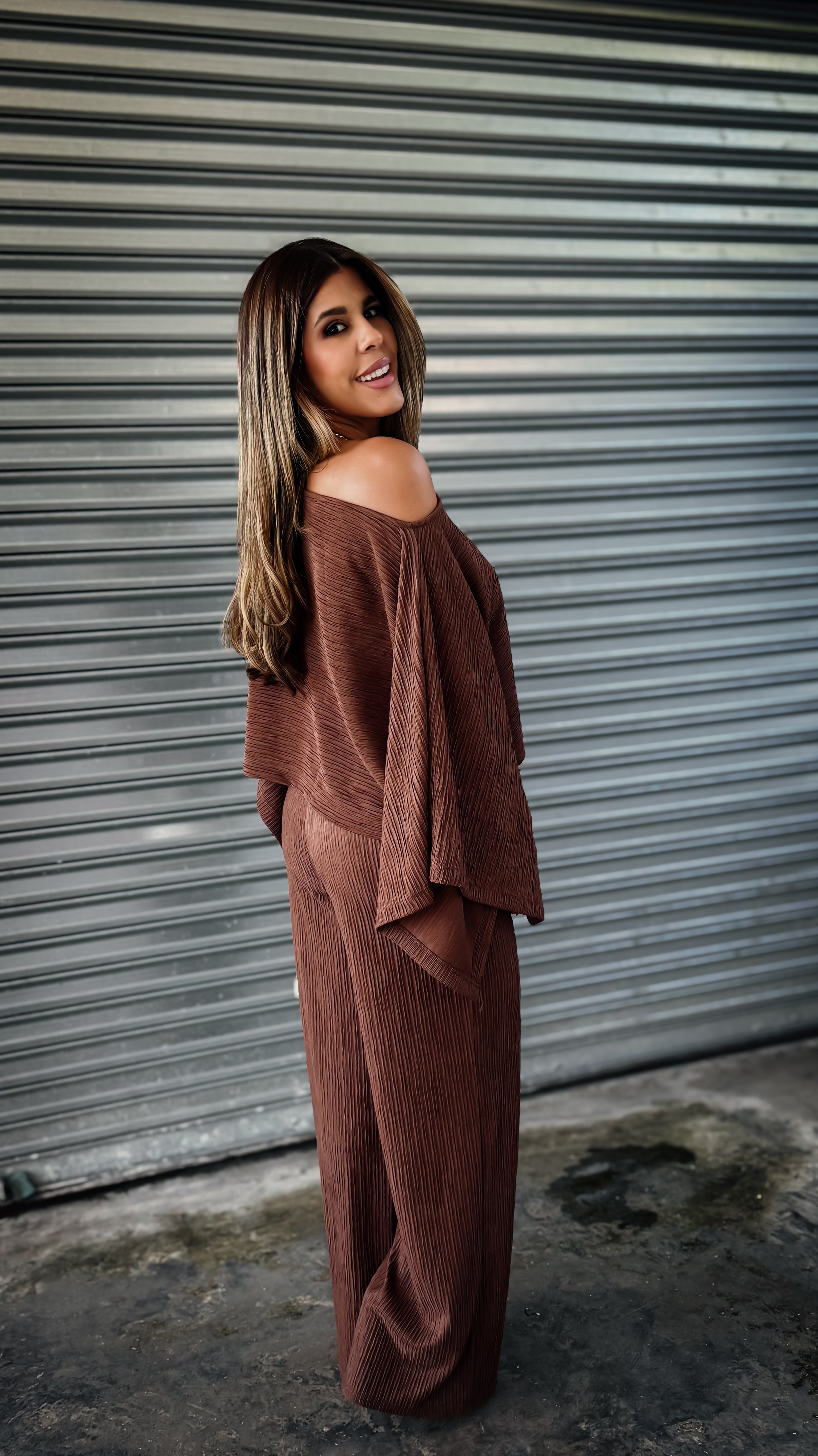 “LINA” KIMONO TOP AND WIDE LEG PANT SET BROWN