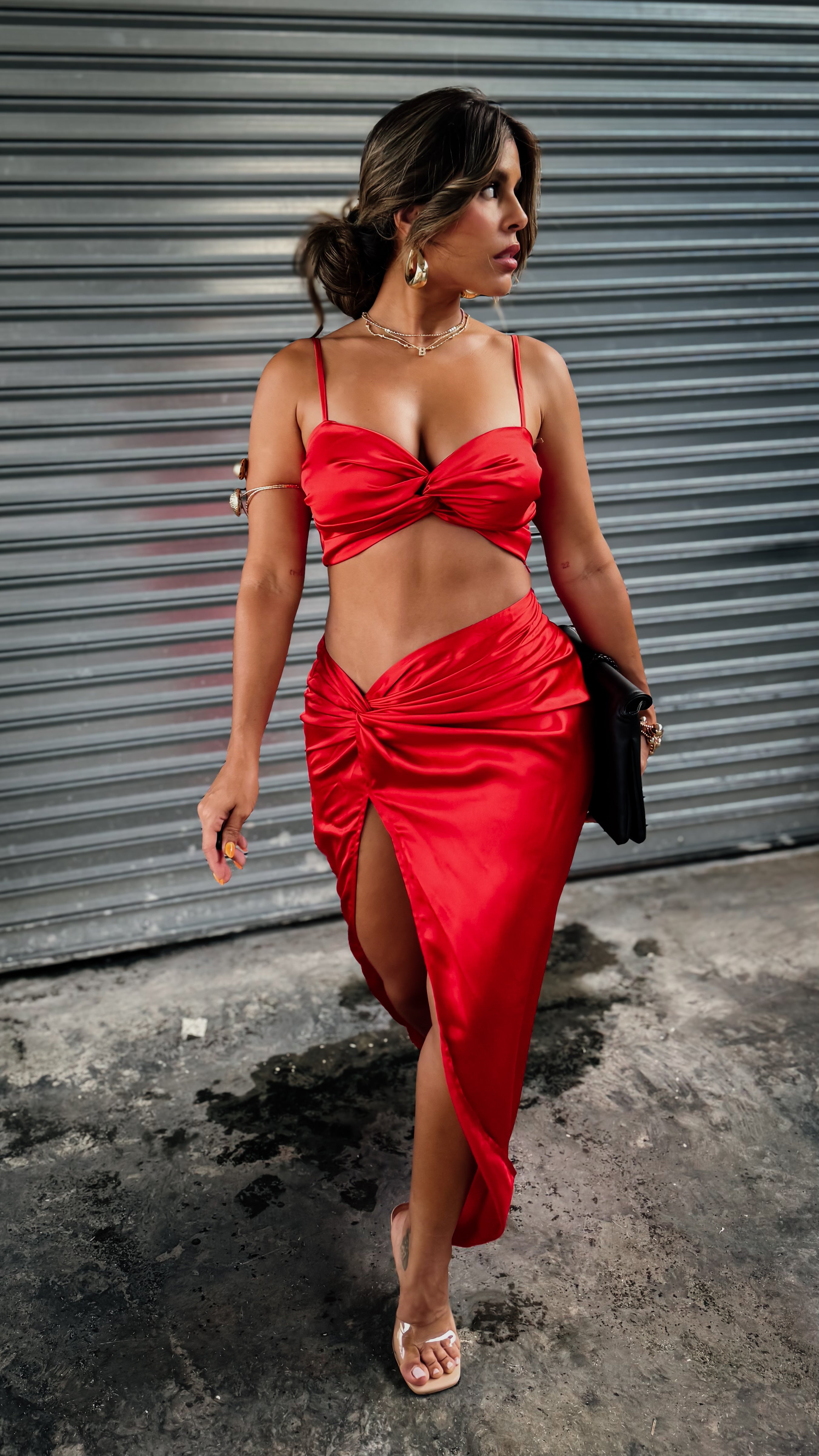 “MILAN” SATIN TWIST BRA TOP AND SKIRT SET