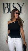 “PIPER” ASYMMETRICAL OFF SHOULDER SMOKING WAIST LINEN TOP