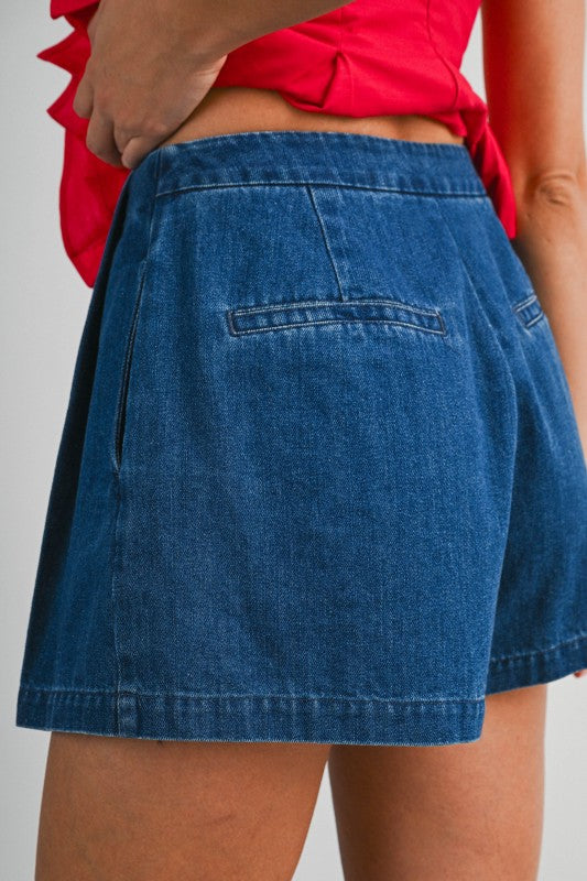 “MARINA” DENIM HIGH WAISTED FRONT PLEAT SHORTS