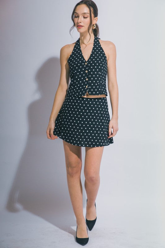 “DAPHNE” POLKA DOT HALTER VEST TOP AND MINI SKORT SET