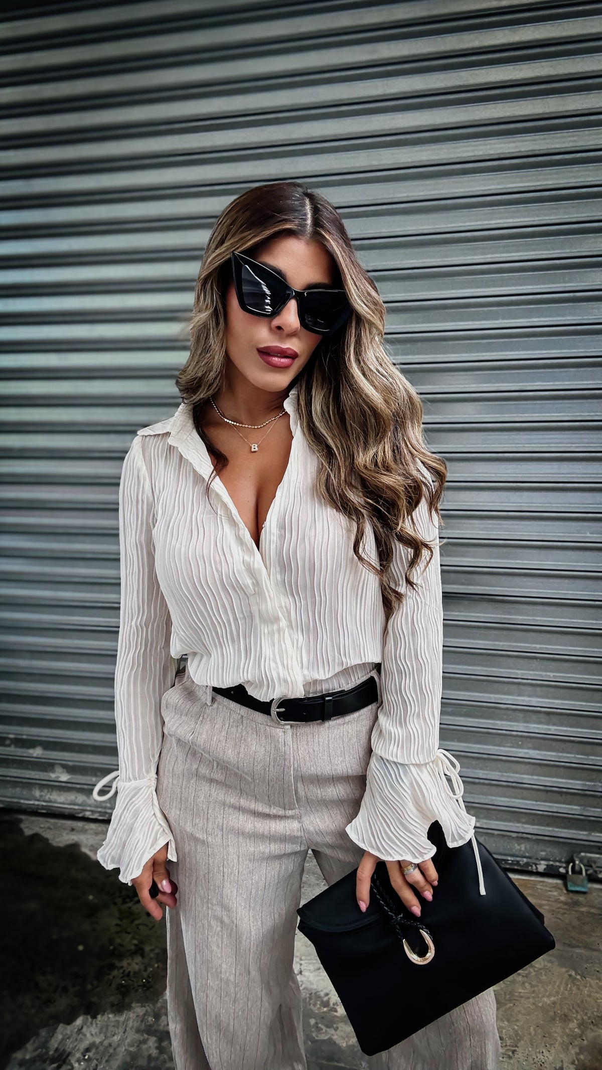 “LIANE” BUTTON DOWN SHEER TEXTURED TOP