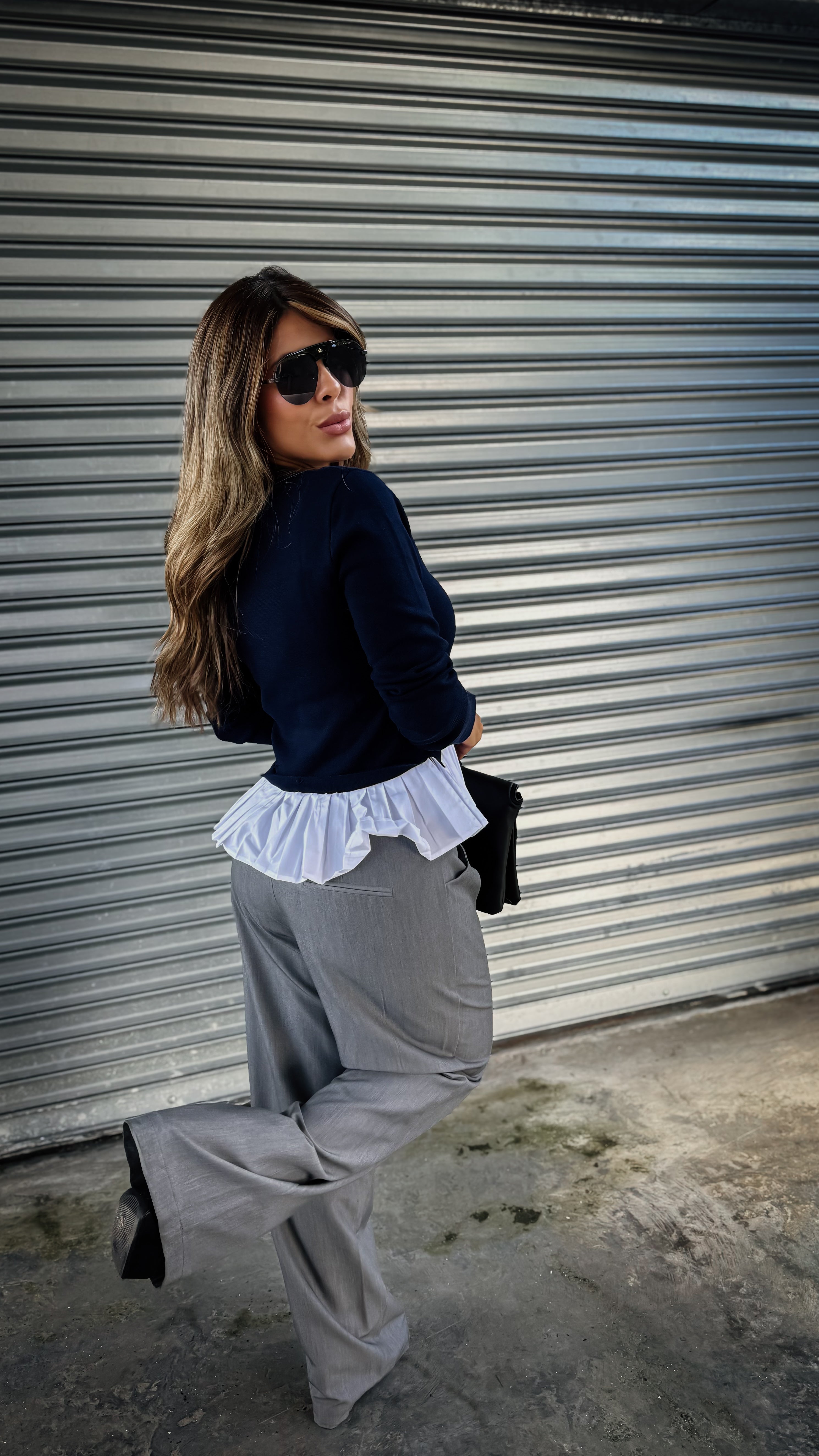 “EMMA” LAYERED LONG SLEEVE SWEATER TOP NAVY