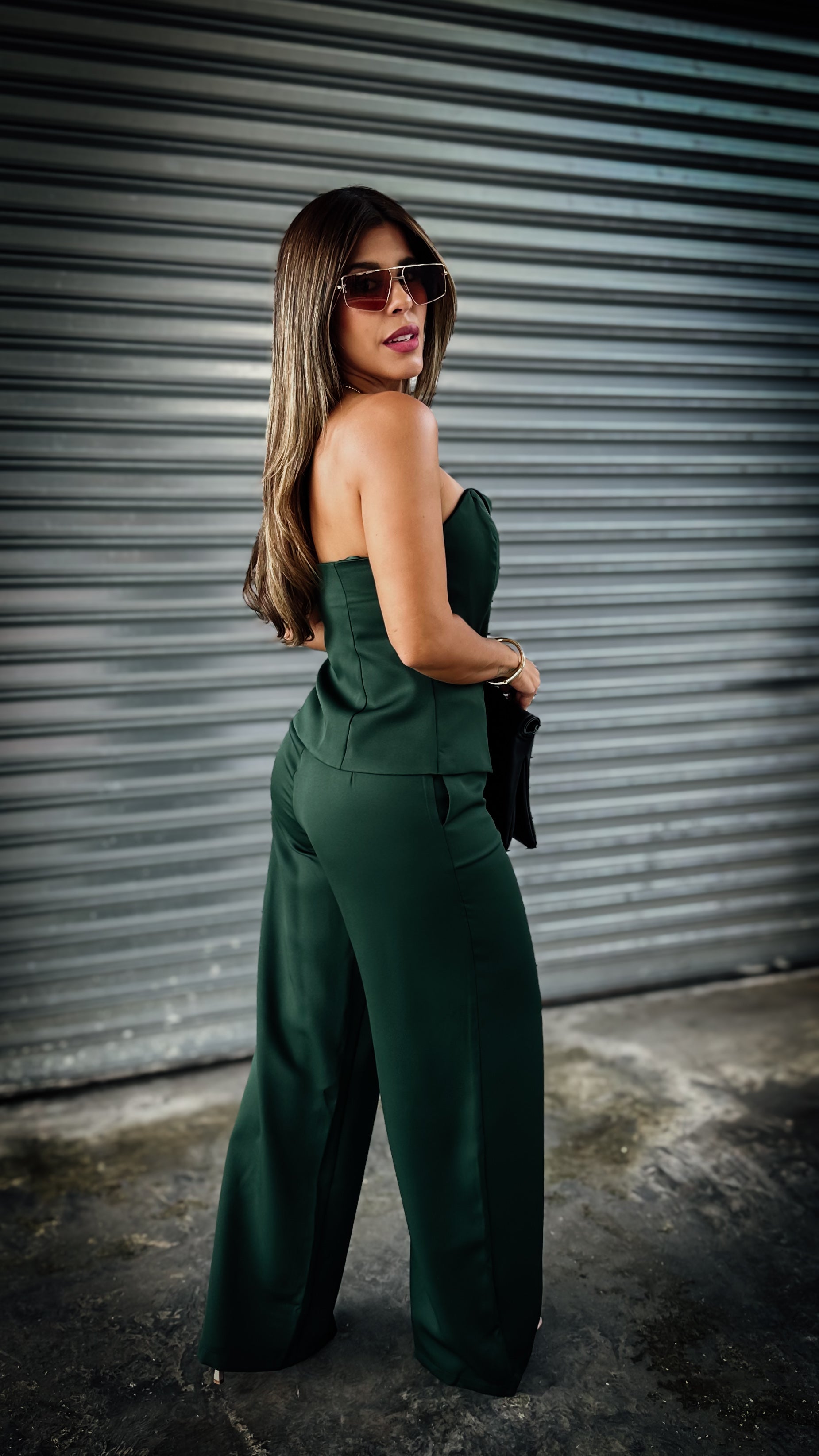 “AMELIA” VEST TOP AND WIDE LEG PANT SET HUNTER GREEN