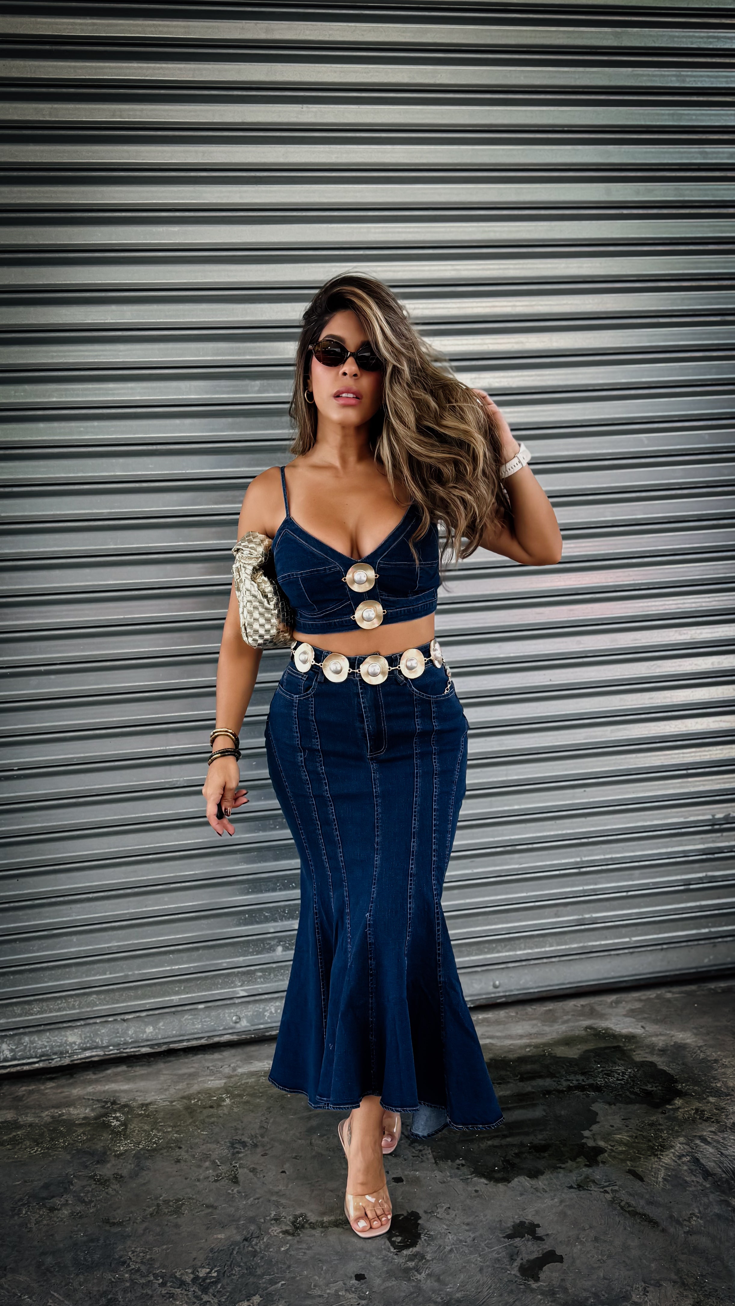 “ICONIC” DENIM SKIRT AND CROPPED TOP