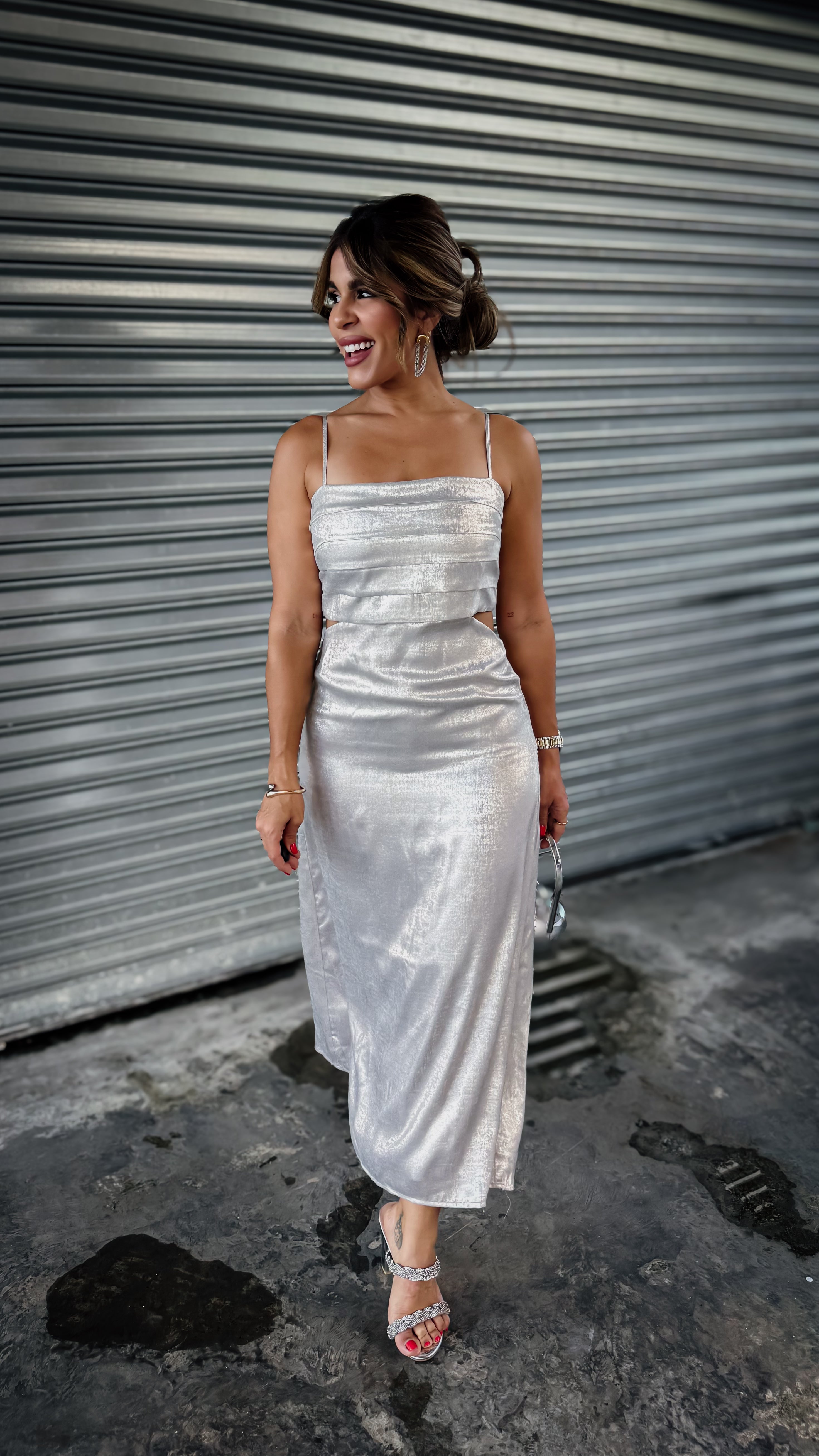 “STELLA” METALLIC MIDI DRESS WITH CUTOUTS