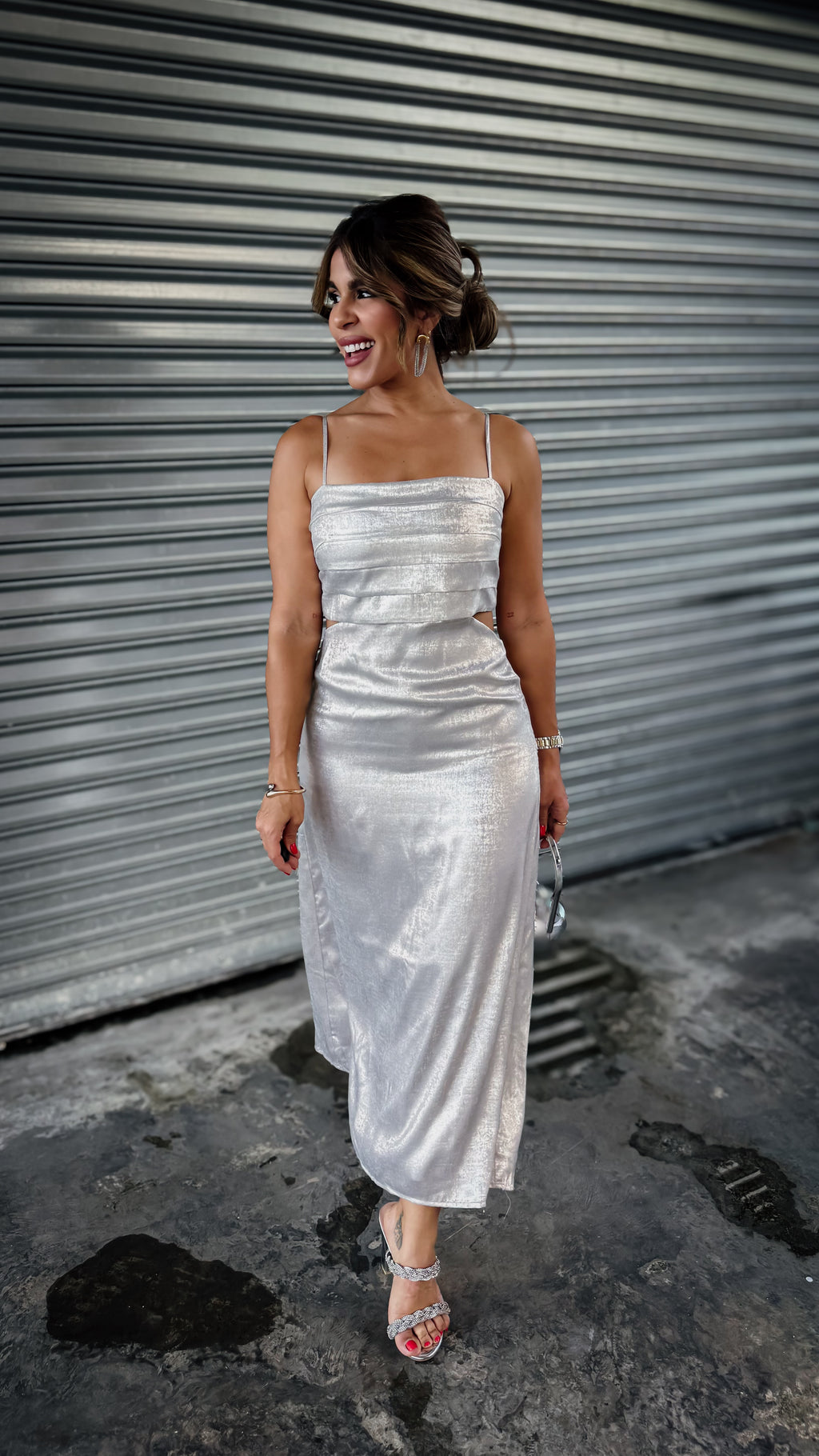 “STELLA” METALLIC MIDI DRESS WITH CUTOUTS
