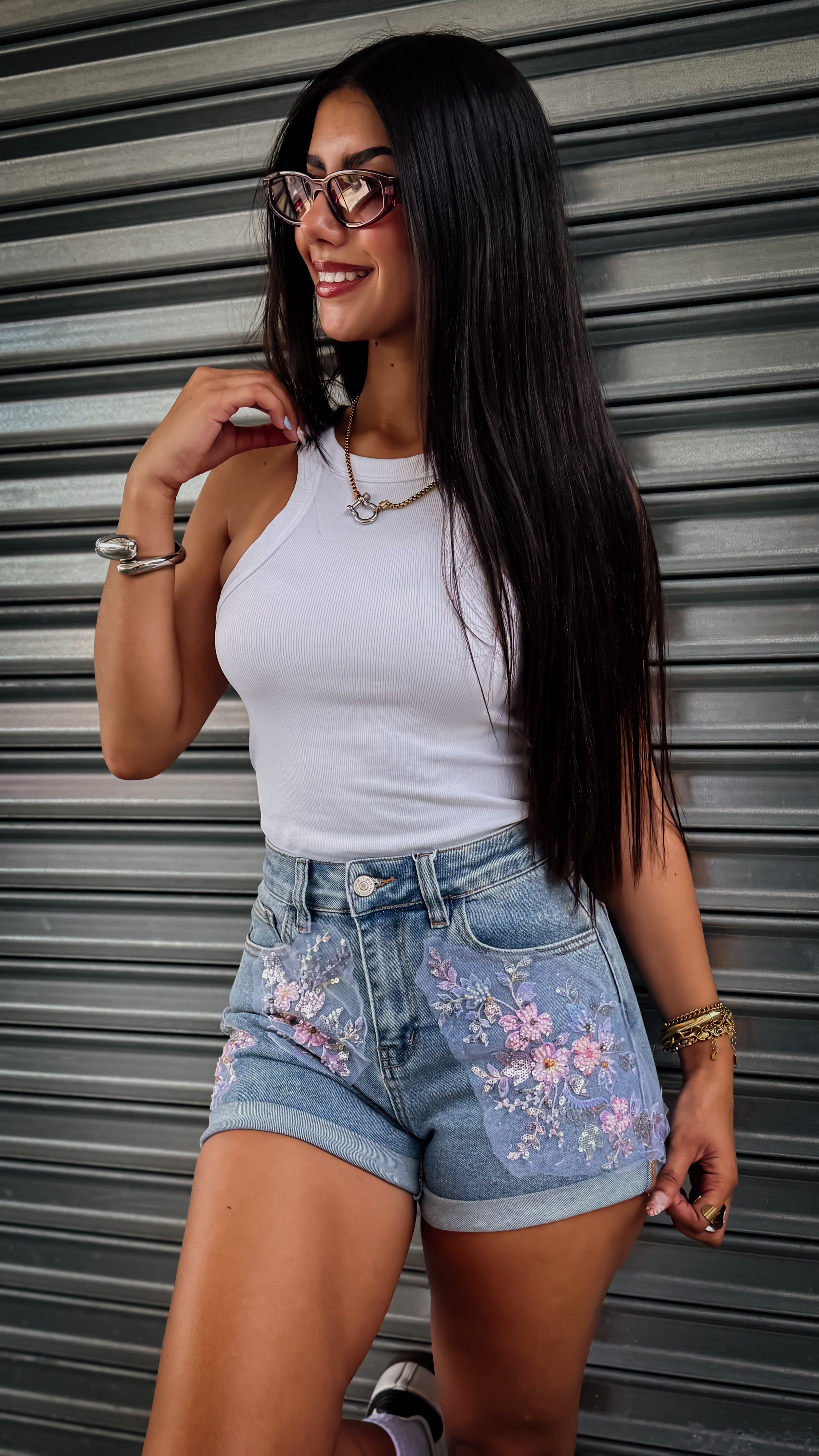“POPPY” EMBELLISHED DENIM SHORT