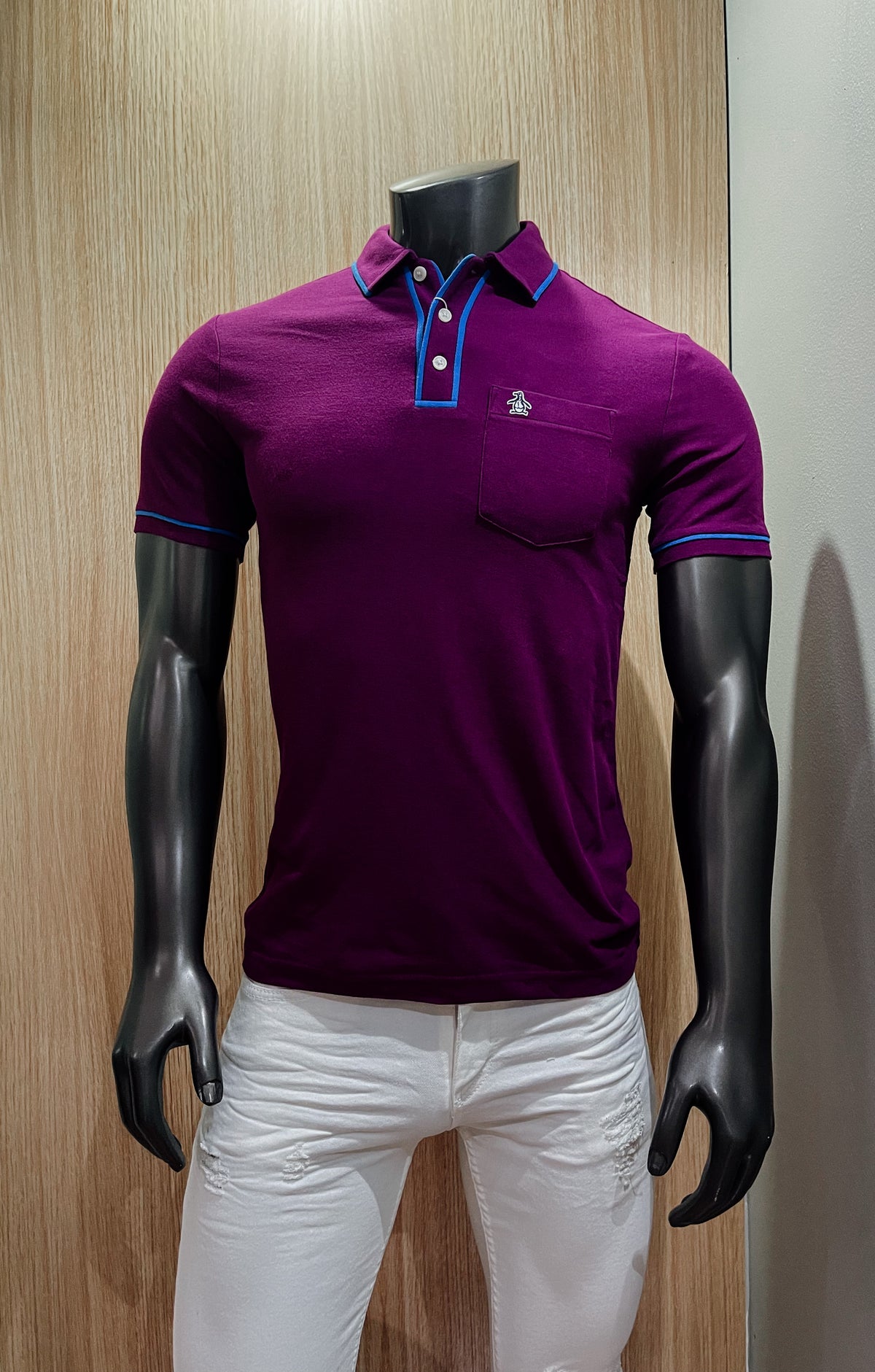 “OG PENGUIN” MAGENTA WITH BLUE STRIPE DETAIL POLO SHIRT